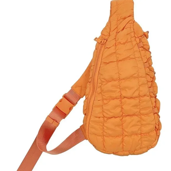 NWT Orange Brielle Quilted Puffer Sling Bag | Lightweight Crossbody Chest Bag - Picture 2 of 4